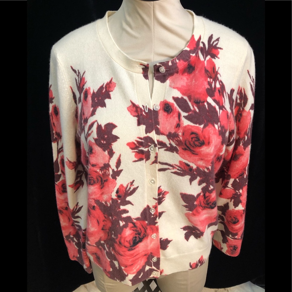 Talbots cashmere red and cream floral print cardigan size